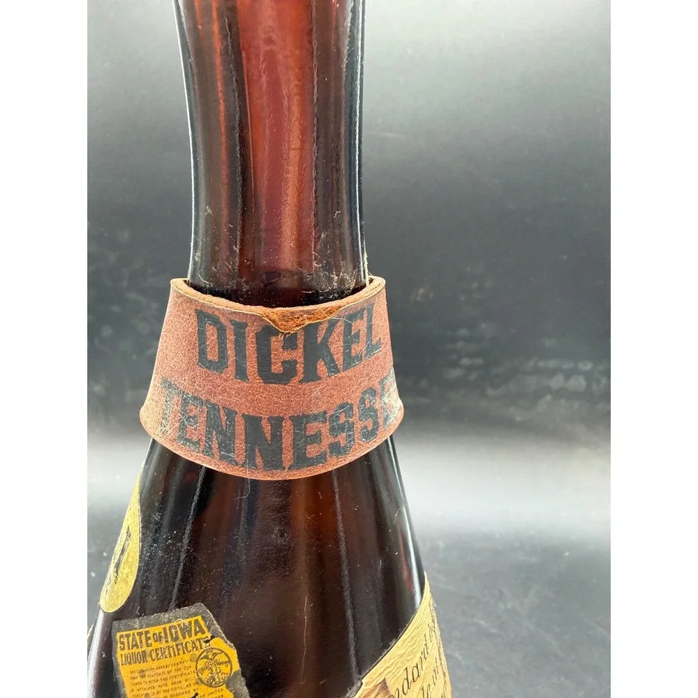 Vintage George Dickel Tennessee Whisky Powder Horn Amber Glass Bottle Leather